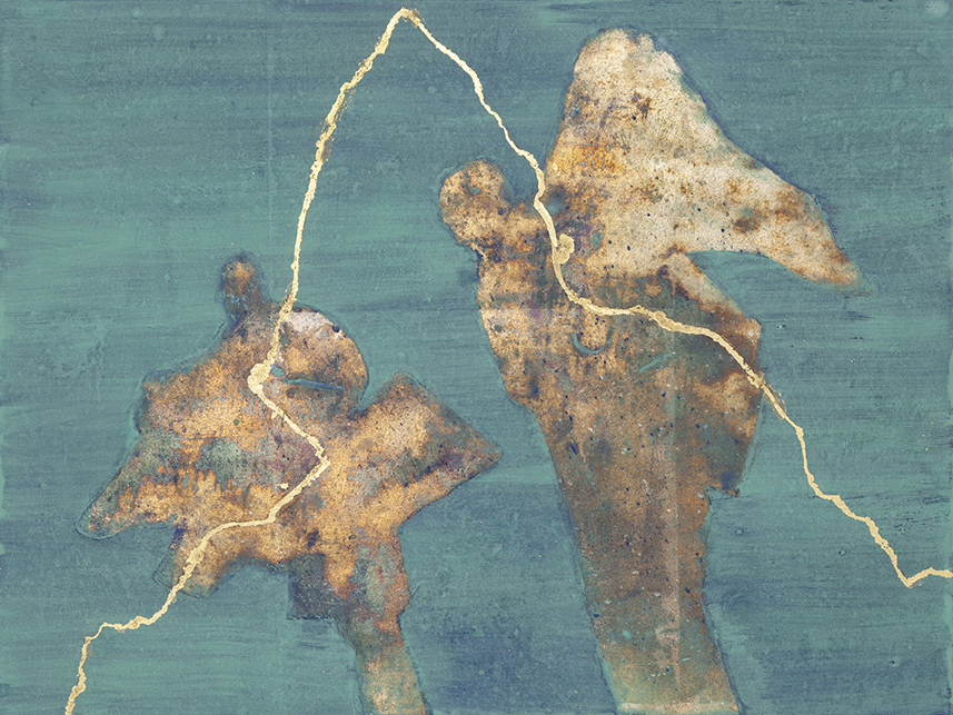 2020 Trude Parkinson, Amend, Oxidized silver leaf, mineral pigments, gold leaf on paper on panel, 9 x 12 inches