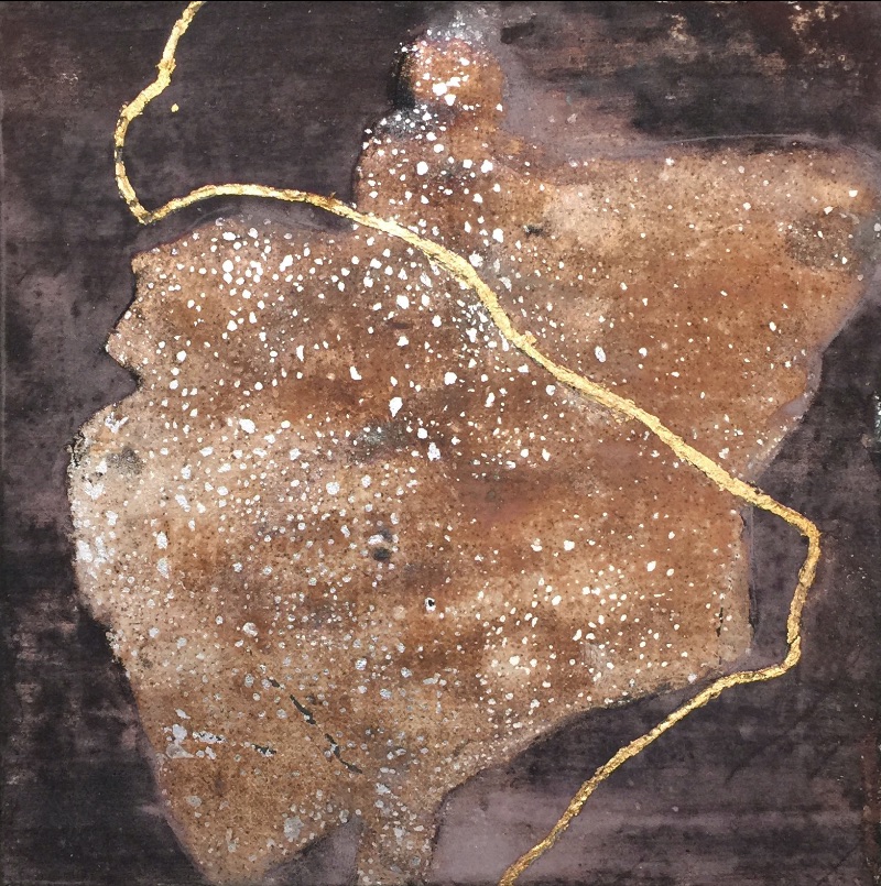 2020 Trude Parkinson, Kintsugi Dancing, Oxidized silver leaf, mineral pigments, gold leaf on paper on panel, 6 x 6 inches