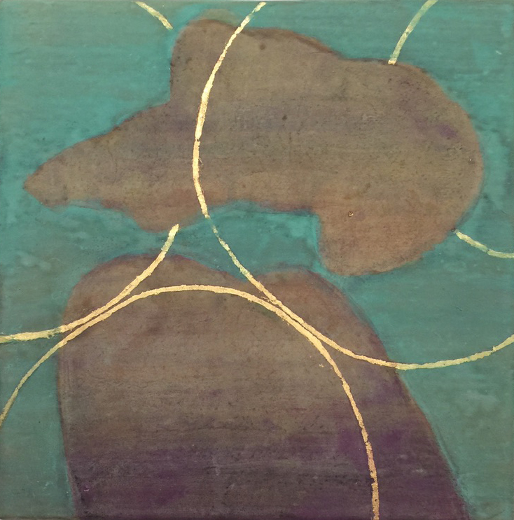 2020 Trude Parkinson, Reciprocity, Oxidized silver leaf, mineral pigments, gold leaf on paper on panel, 6 x 6 inches